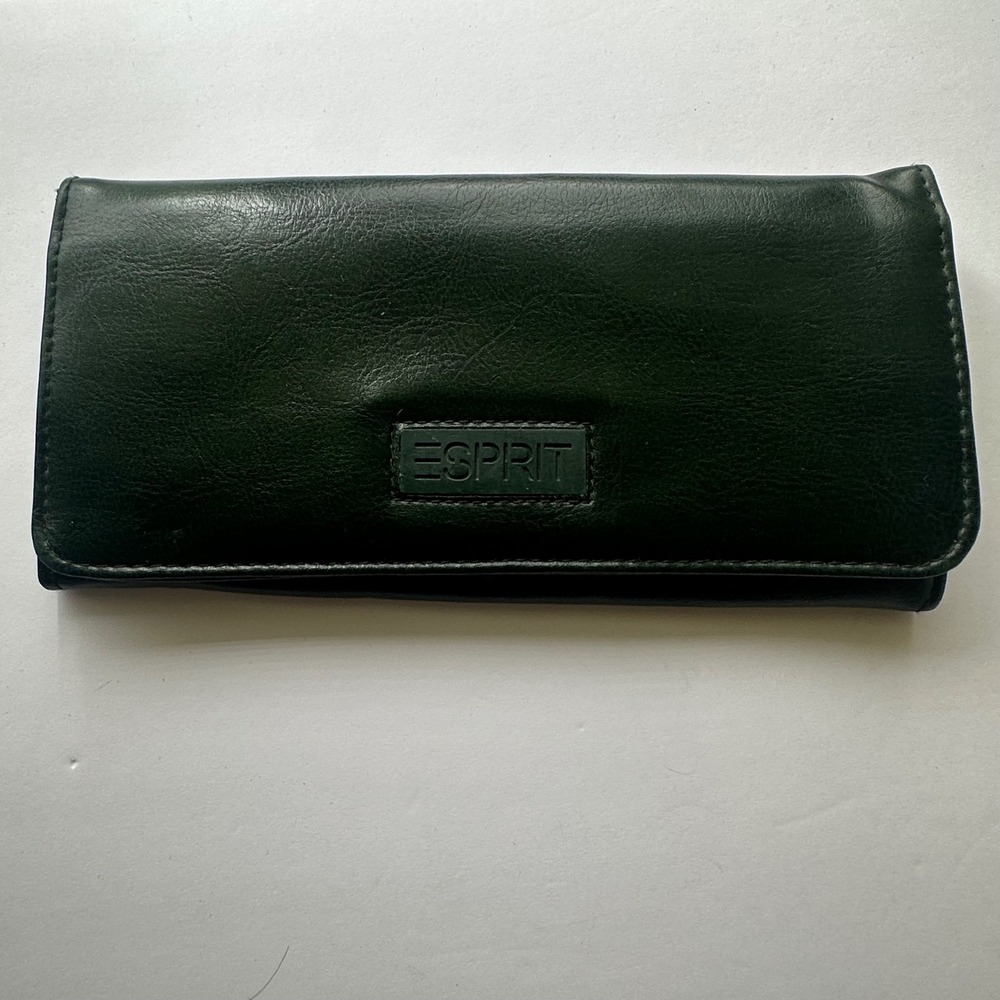 Vintage Esprit Forest Green Faux Leather Trifold Clutch Wallet with ID Window - Picture 2 of 4